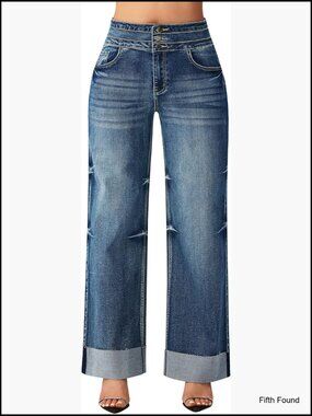 High Waisted Stretchy Wide Leg Baggy Jeans Cuffed Denim Pants
